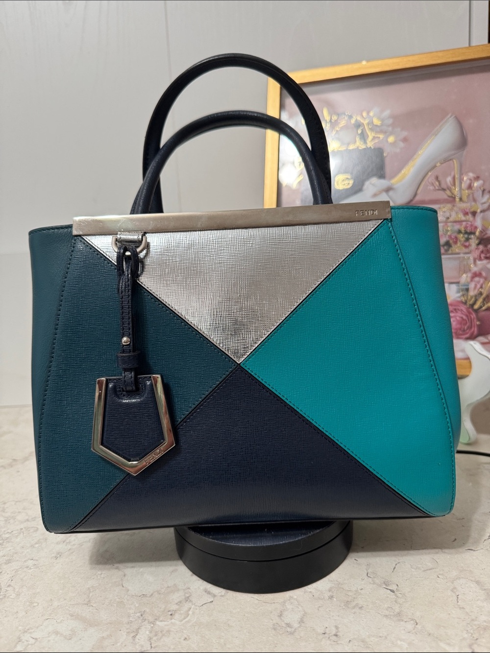 Fendi Colorblock 2jours Leather Satchel in Teal, Navy & Silver